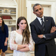 President Barack Obama jokingly mimics U.S. Olympic gymnast McKayla Maroney’s “not impressed” look while greeting members of the 2012 U.S. Olympic gymnastics team in the Oval Office, Nov. 15, 2012. Steve Penny, USA Gymnastics president, and Savannah Vinsant laugh at left.
Pete Souza/The White House